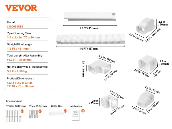 Pokrywa zestawu mini split line VEVOR, wymiary, elementy montażowe, śruby i akcesoria.