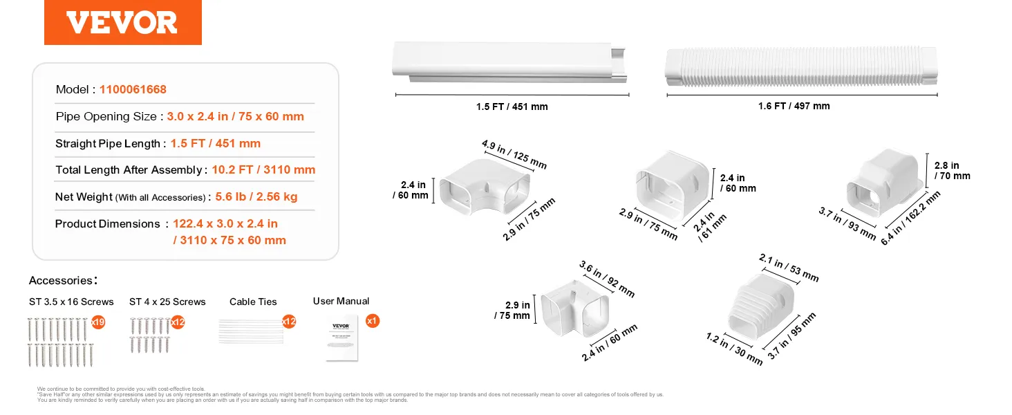 Pokrywa zestawu mini split line VEVOR, wymiary, elementy montażowe, śruby i akcesoria.