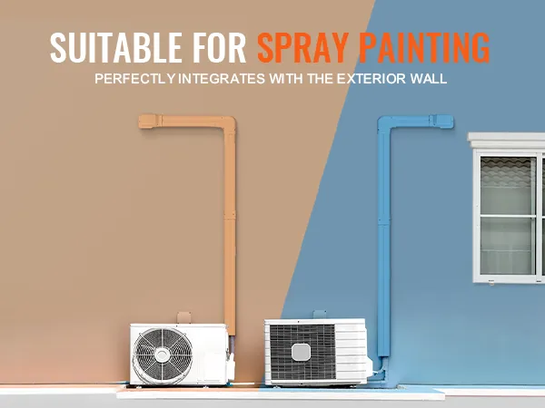 Pokrywa zestawu VEVOR mini split line, pomalowana natryskowo tak, aby pasowała do ścian w odcieniach brązu i błękitu, idealnie się wtapia w otoczenie.