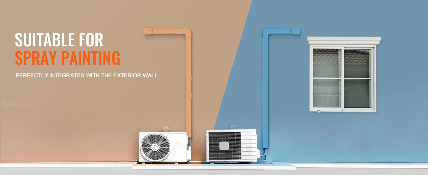 Pokrywa zestawu VEVOR mini split line, pomalowana natryskowo tak, aby pasowała do ścian w odcieniach brązu i błękitu, idealnie się wtapia w otoczenie.