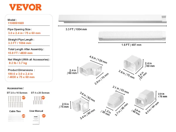 model 1100061669 VEVOR mini split line set cover, dimensions, pipe sizes, and accessories included.