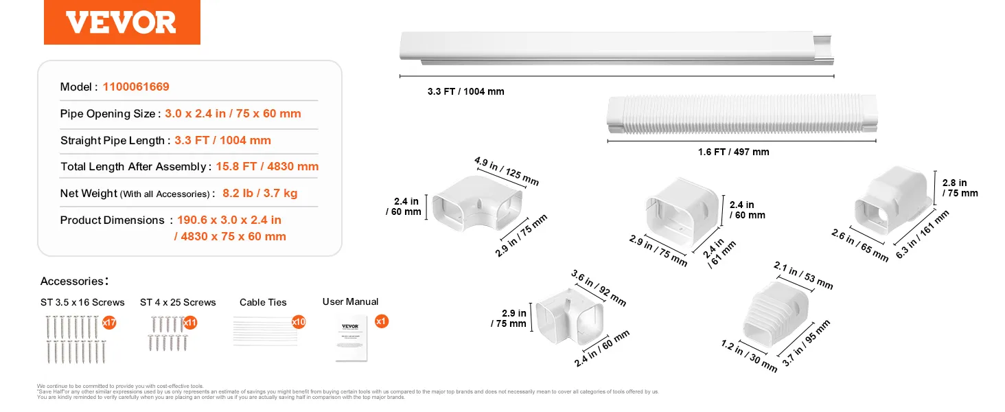 model 1100061669 VEVOR mini split line set cover, dimensions, pipe sizes, and accessories included.