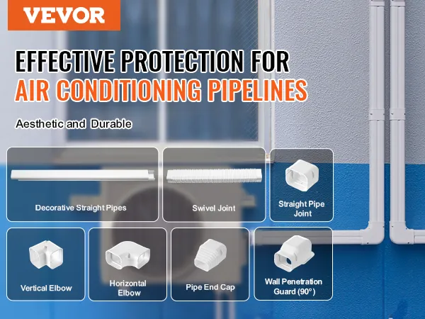 VEVOR mini split line set cover showcasing air conditioning pipeline protection components on a blue wall.