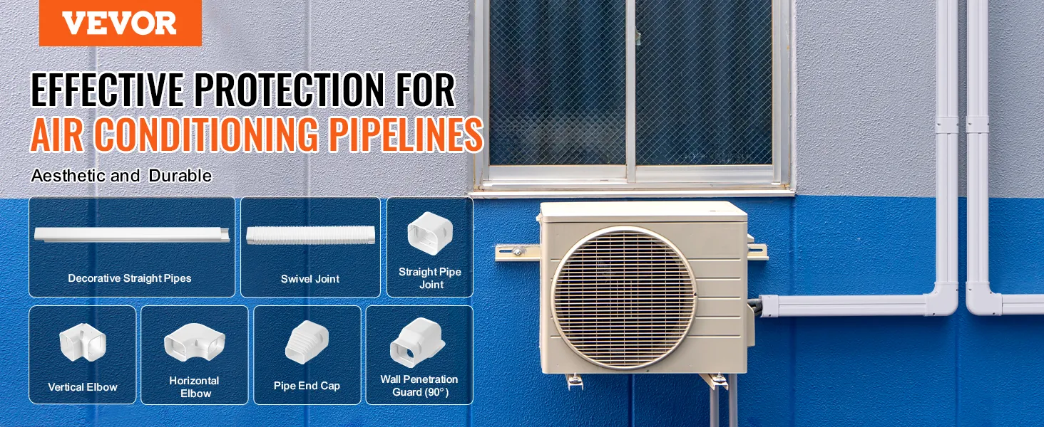VEVOR mini split line set cover showcasing air conditioning pipeline protection components on a blue wall.