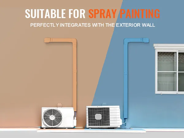 VEVOR mini split line set cover showcasing spray-painted ac units on a beige and blue exterior wall.