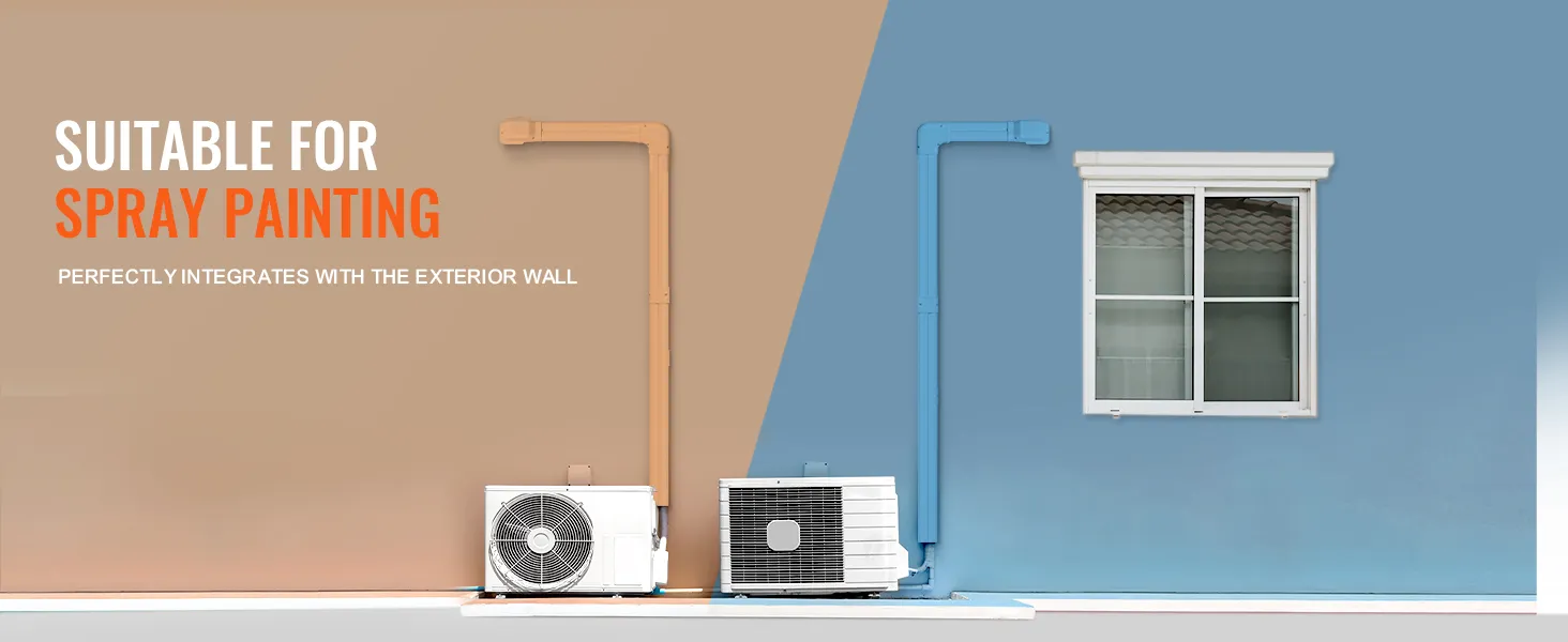 VEVOR mini split line set cover showcasing spray-painted ac units on a beige and blue exterior wall.