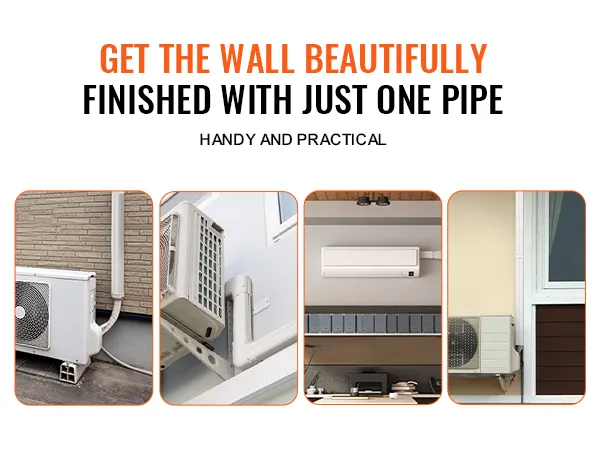VEVOR mini split line set cover installed on various air conditioning units in different settings.