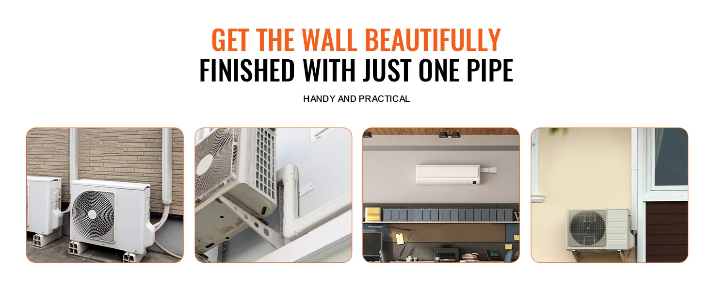 VEVOR mini split line set cover installed on various air conditioning units in different settings.