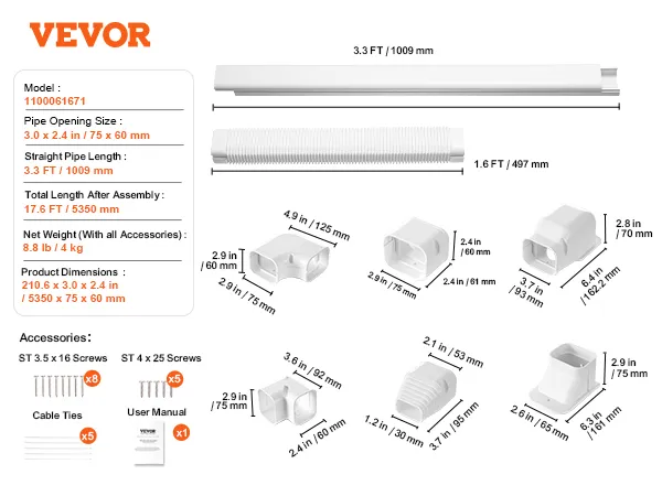 VEVOR mini split line set cover: detailed dimensions, accessories, and fittings for easy installation.