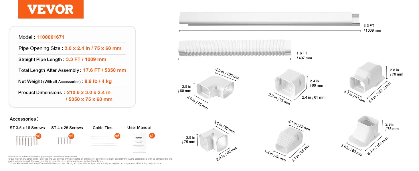 VEVOR mini split line set cover: detailed dimensions, accessories, and fittings for easy installation.