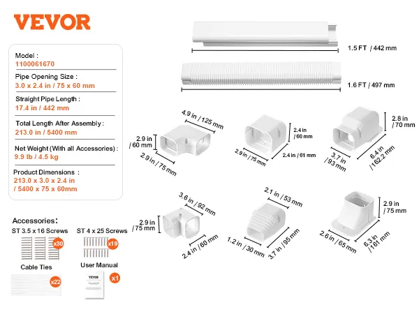 Zestaw mini rozdzielaczy VEVOR zawiera elementy i wymiary wraz z rurami, śrubami, opaskami kablowymi i instrukcją obsługi.