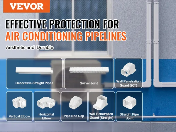 Zestaw mini rozdzielaczy VEVOR do rurociągów klimatyzacyjnych, prezentujący różne złącza i kolanka.