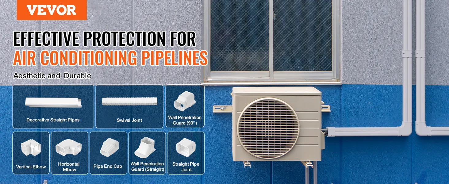 Zestaw mini rozdzielaczy VEVOR do rurociągów klimatyzacyjnych, prezentujący różne złącza i kolanka.