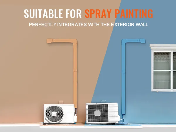 Pokrywa zestawu VEVOR mini split line integruje się ze ścianą, prezentując pomalowane natryskowo pokrywy w kolorze beżowym i niebieskim.