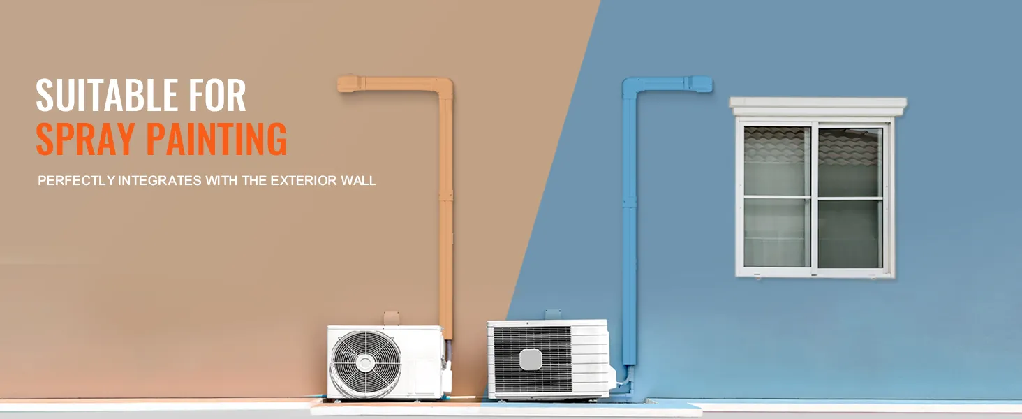 Pokrywa zestawu VEVOR mini split line integruje się ze ścianą, prezentując pomalowane natryskowo pokrywy w kolorze beżowym i niebieskim.