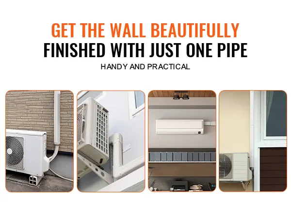 Pokrowiec na linię VEVOR mini split, prezentujący różne sposoby montażu, zapewniające spójny i czysty wygląd.