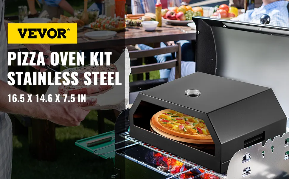 VEVOR pizza oven kit in stainless steel, baking pizza on an outdoor grill at a barbecue.