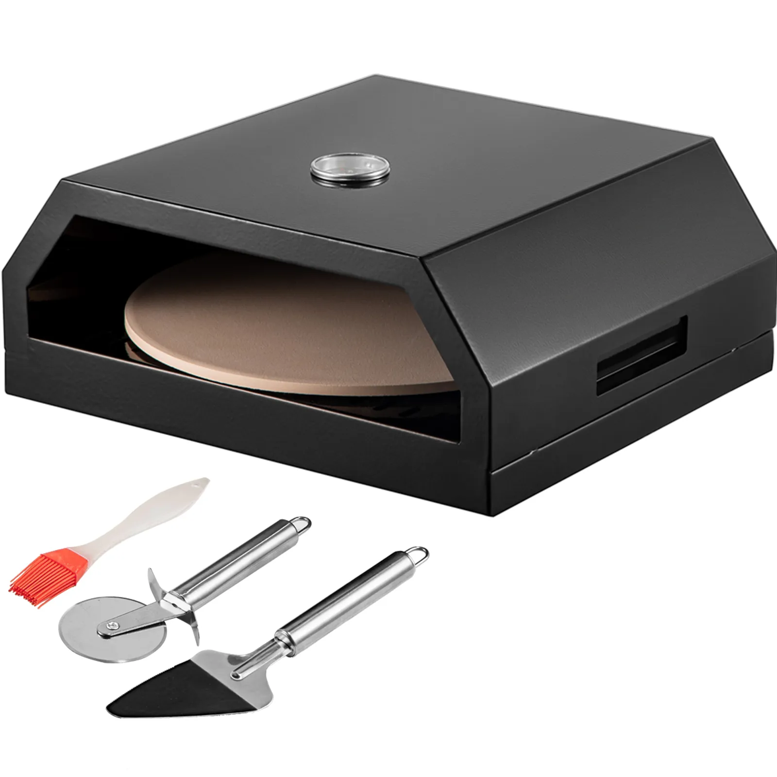 black VEVOR pizza oven kit with tools, including a pizza cutter and brush.