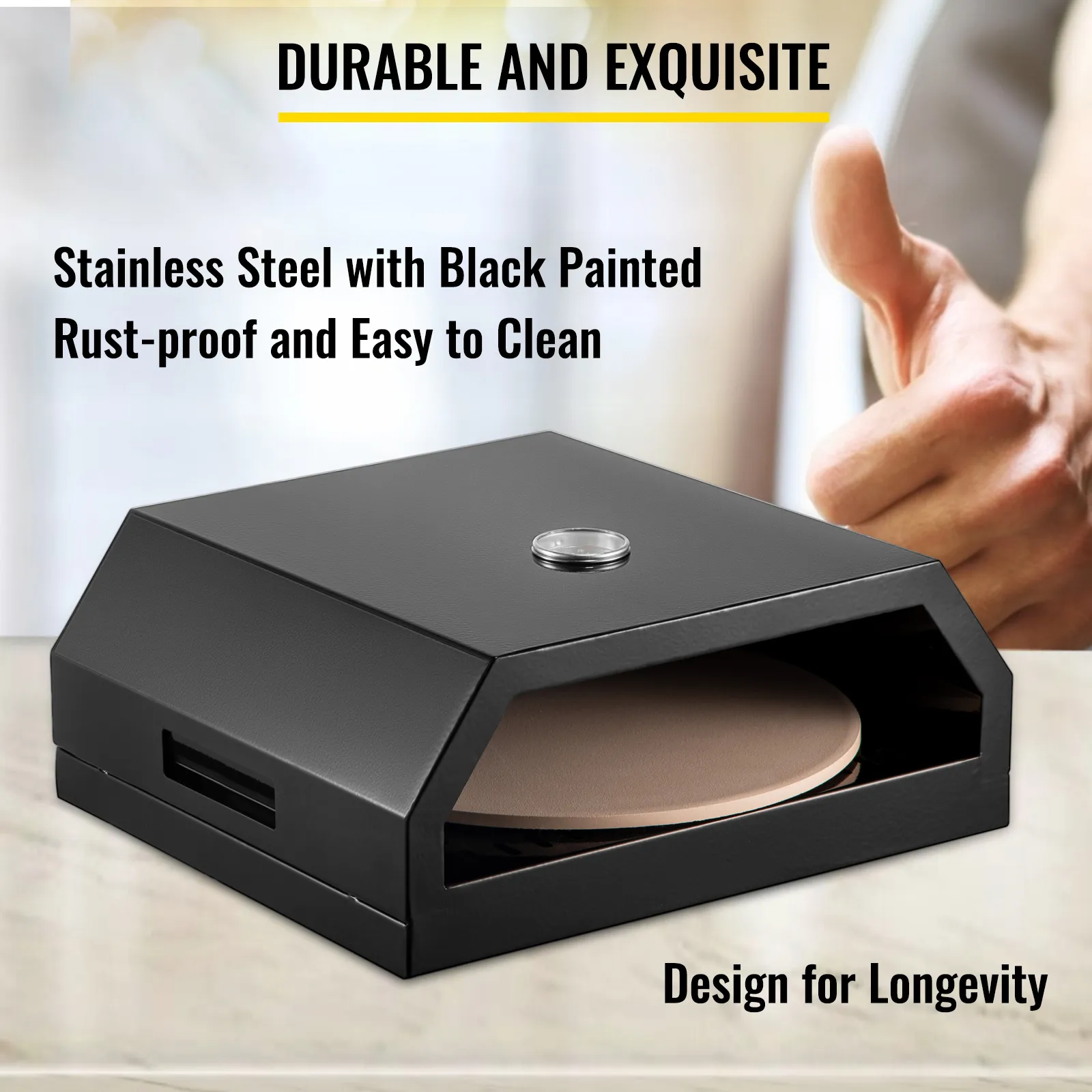 VEVOR pizza oven kit, stainless steel, black painted, rust-proof, thumb up in background.