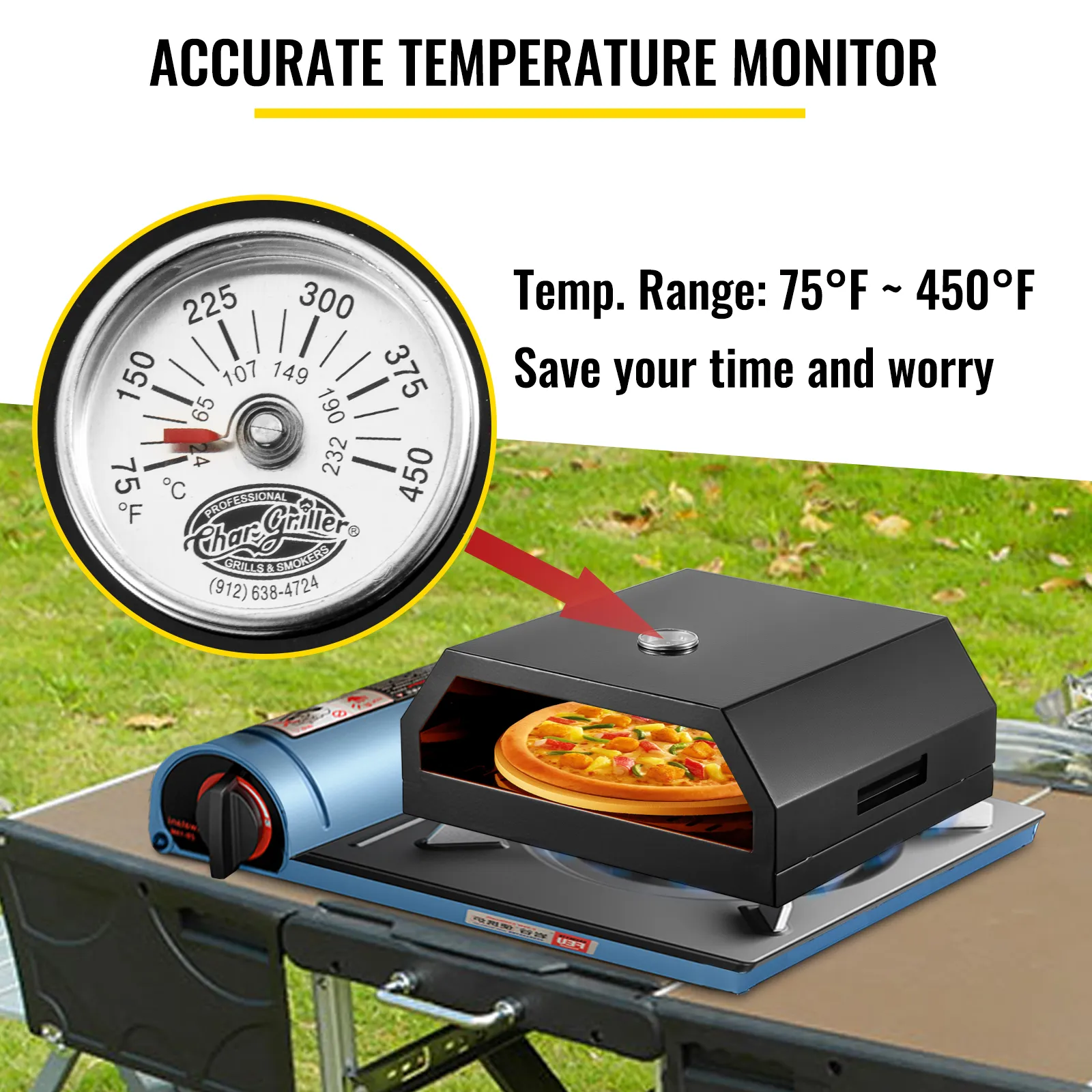 VEVOR pizza oven kit with accurate temperature monitor, 75°f to 450°f range.