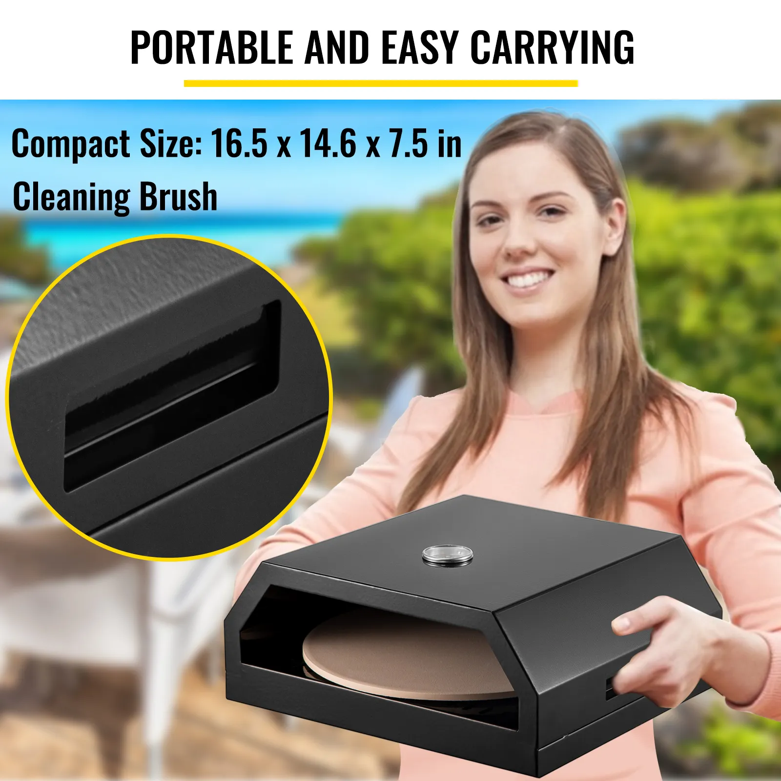 portable VEVOR pizza oven kit with cleaning brush and compact size 16.5 x 14.6 x 7.5 inches.