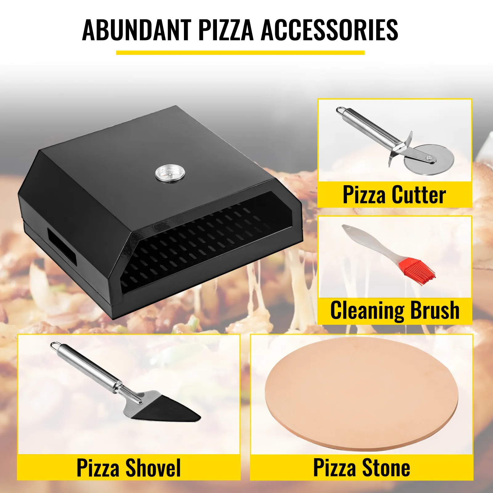 VEVOR pizza oven kit with accessories: pizza cutter, shovel, stone, and cleaning brush.