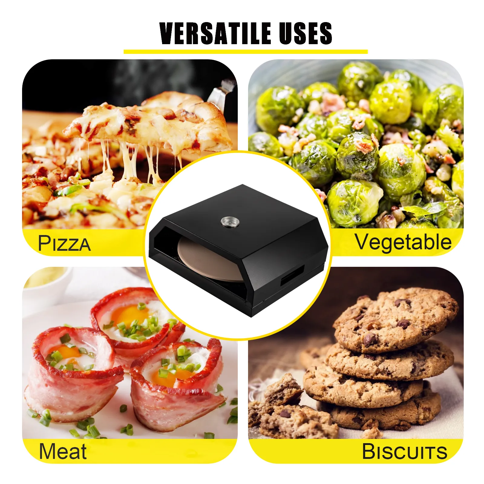VEVOR pizza oven kit featuring pizza, vegetables, meat, and biscuits. versatile uses.