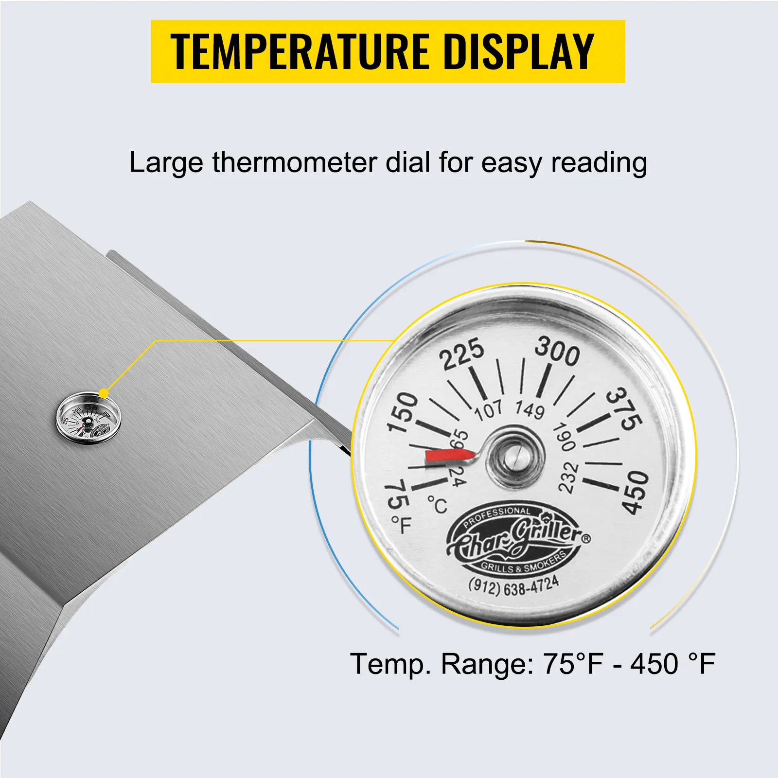 large thermometer dial on VEVOR pizza oven kit displays temperature range 75°f - 450°f.