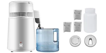 Destilador de agua VEVOR con cuerpo blanco, jarra azul, filtros y accesorios.