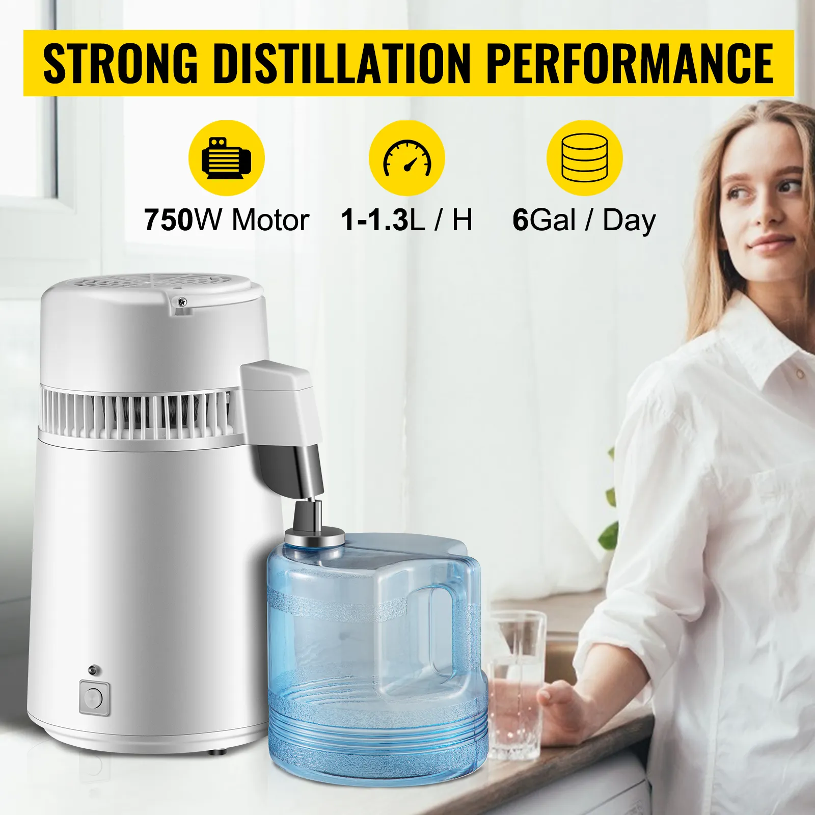 Destilador de agua VEVOR con motor de 750w, salida de 1-1,3l/h, capacidad de 6 galones/día.