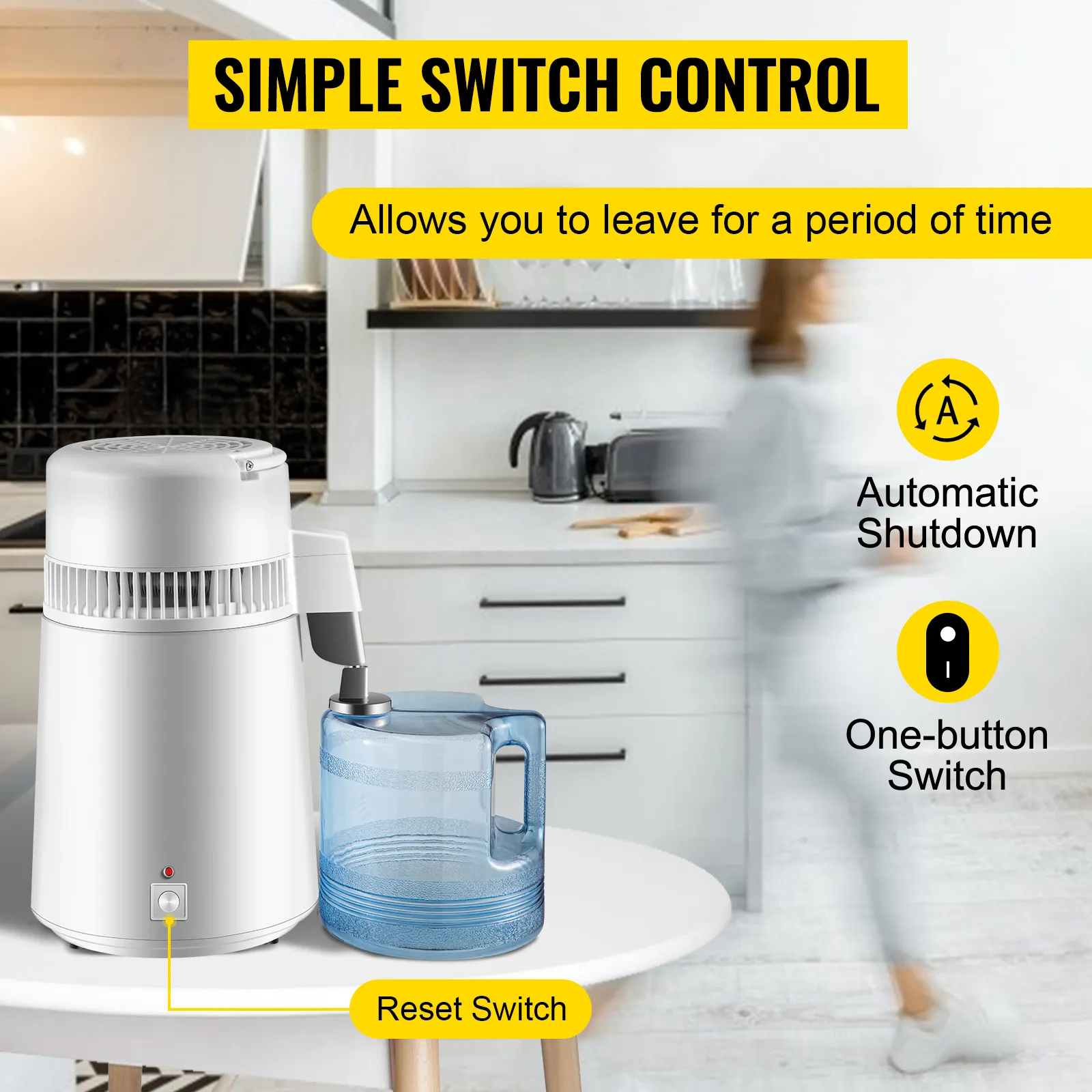 Destilador de agua VEVOR con control de interruptor simple, apagado automático e interruptor de un botón.