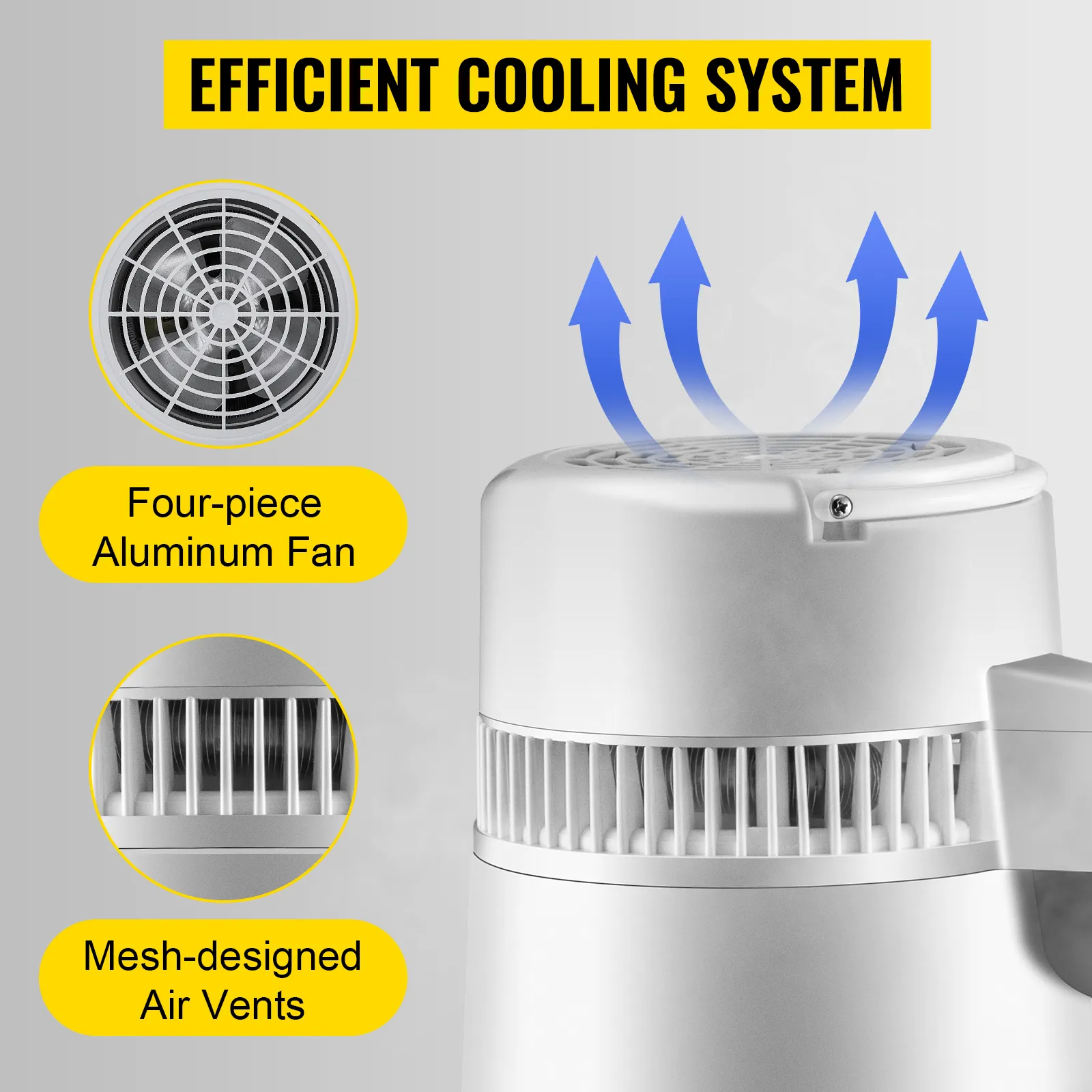 Sistema de enfriamiento eficiente en destilador de agua VEVOR con ventilador de aluminio y rejillas de ventilación de malla.
