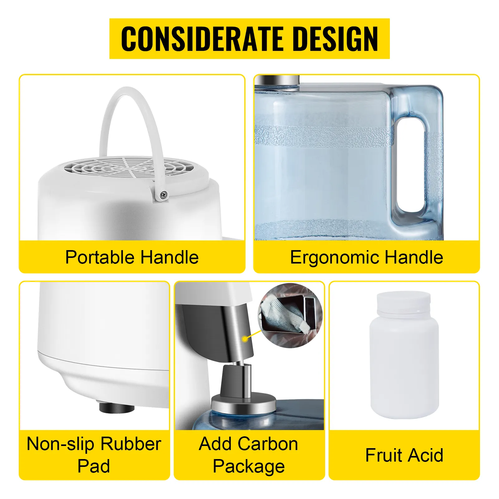 Destilador de agua VEVOR con asas ergonómicas y portátiles, almohadilla antideslizante y paquete de carbono.