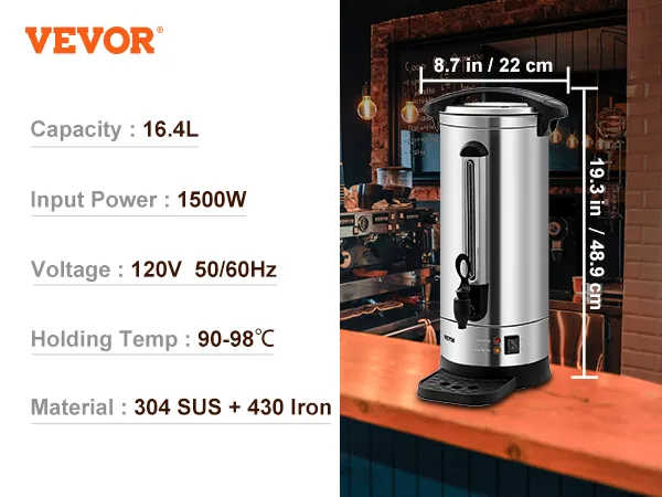 VEVOR coffee urn on a wooden counter in a rustic café setup with a cup of coffee and coffee beans.