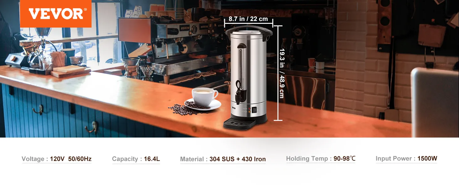 VEVOR coffee urn on a wooden counter in a rustic café setup with a cup of coffee and coffee beans.