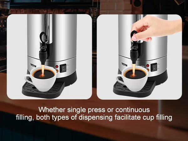 VEVOR coffee urn in a café setting, showing single press and continuous cup filling options.