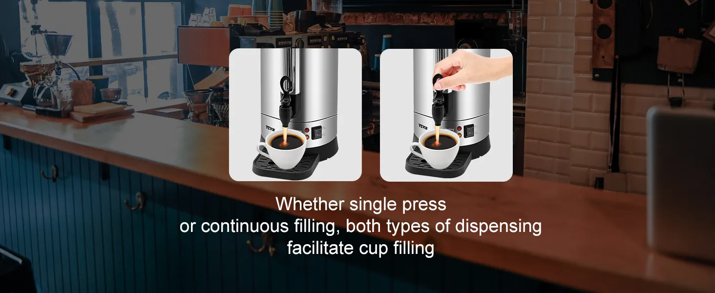 VEVOR coffee urn in a café setting, showing single press and continuous cup filling options.