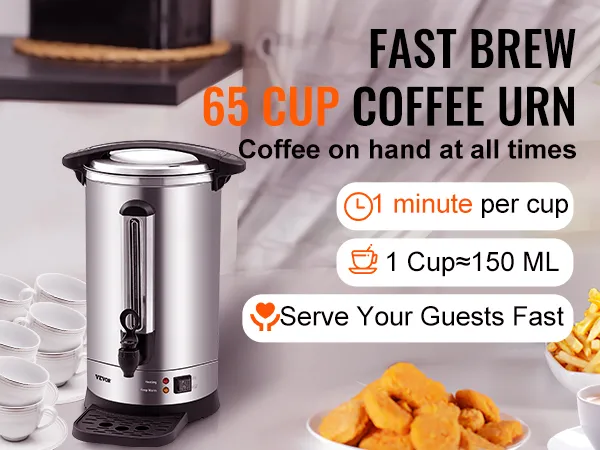 Cafetera VEVOR con función de preparación rápida, sirve 65 tazas, ideal para un servicio de café rápido y eficiente.