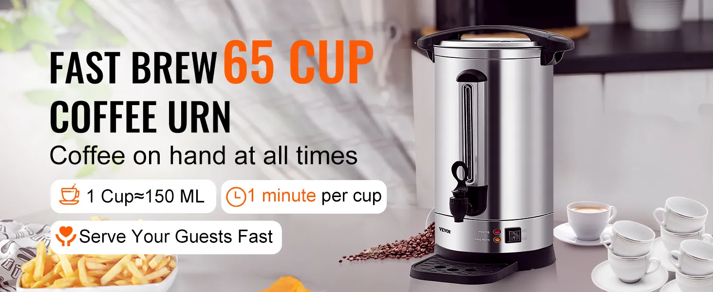 Cafetera VEVOR con función de preparación rápida, sirve 65 tazas, ideal para un servicio de café rápido y eficiente.