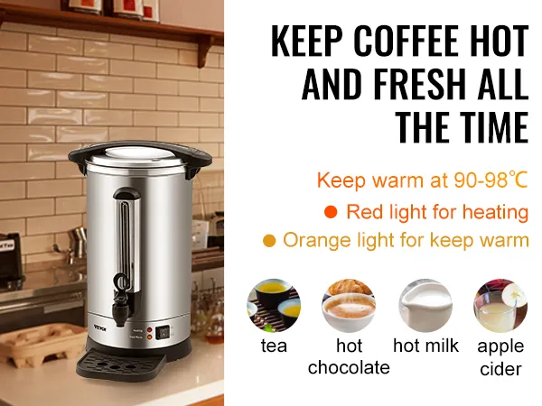 Cafetera VEVOR sobre encimera con función de calentamiento para café, té, chocolate caliente, leche y sidra de manzana.