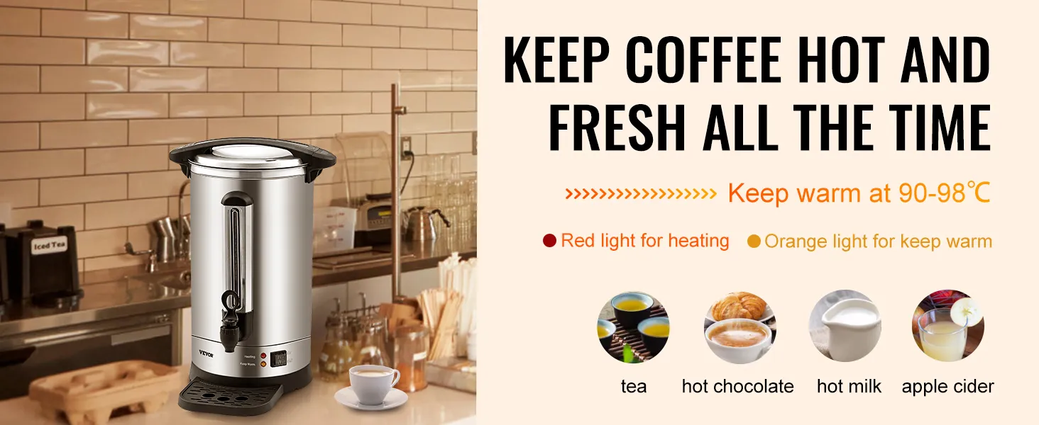 Cafetera VEVOR sobre encimera con función de calentamiento para café, té, chocolate caliente, leche y sidra de manzana.