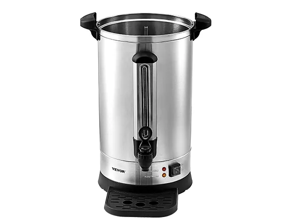 Caffettiera VEVOR, acciaio inox, maniglie nere, beccuccio, base con vaschetta raccogligocce, spie luminose.