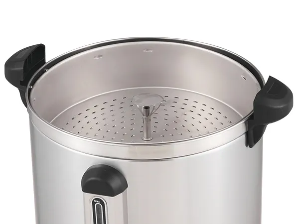 Cafetera VEVOR de acero inoxidable con asas negras, tapa perforada e indicador de nivel de agua transparente.