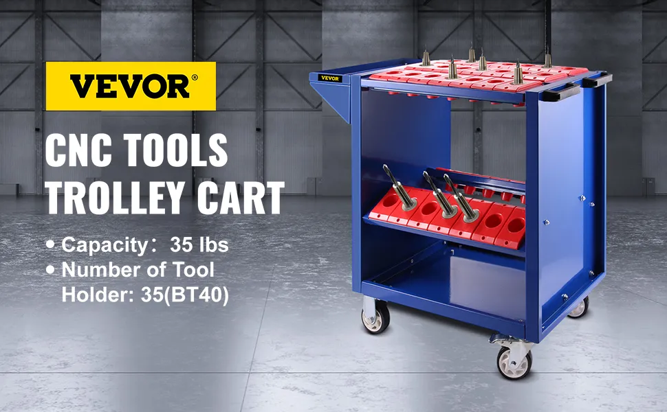 VEVOR tool cart with 35 tool holders and 35 lbs capacity in a workshop.