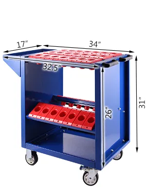 Carro de herramientas VEVOR azul con soportes y ruedas rojos, dimensiones etiquetadas.