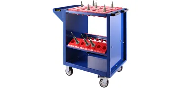 Carro de herramientas VEVOR azul con múltiples compartimentos de almacenamiento y portaherramientas rojos.