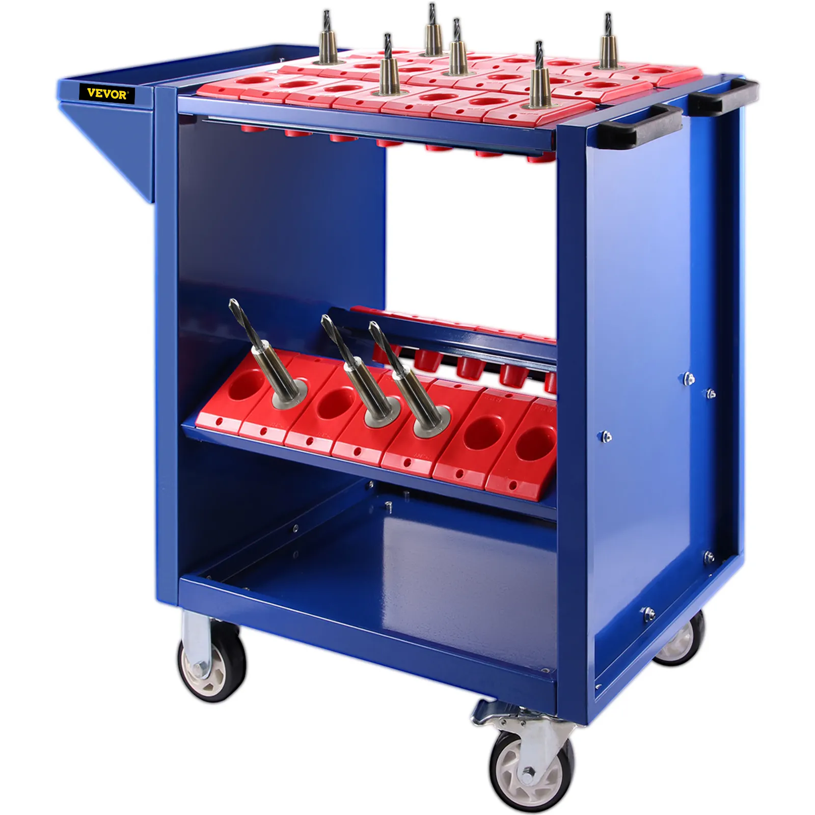 Carro de herramientas VEVOR azul con portaherramientas rojos y ruedas giratorias.