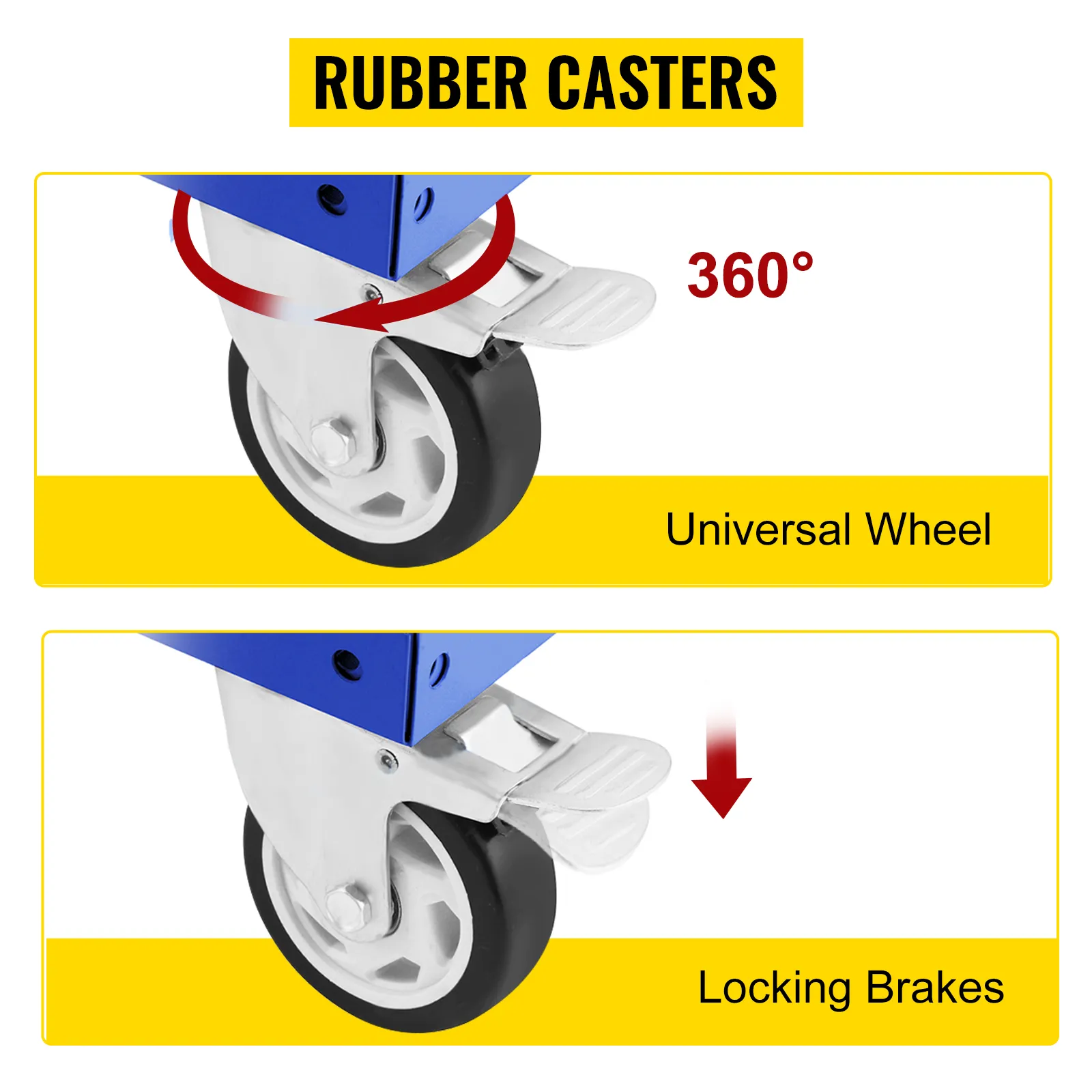 Ruedas de goma para carro de herramientas VEVOR con ruedas universales de 360° y frenos de bloqueo.