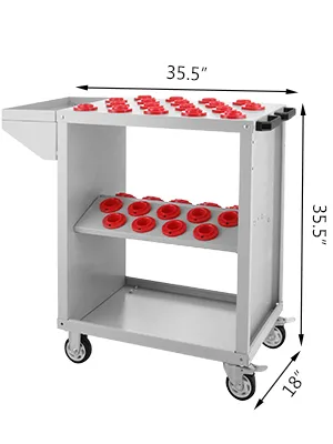 Carro de herramientas VEVOR con dos estantes, soportes rojos y medidas indicadas