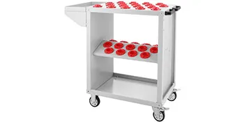 Carro de herramientas VEVOR con portaherramientas rojos en dos estantes y ruedas giratorias.